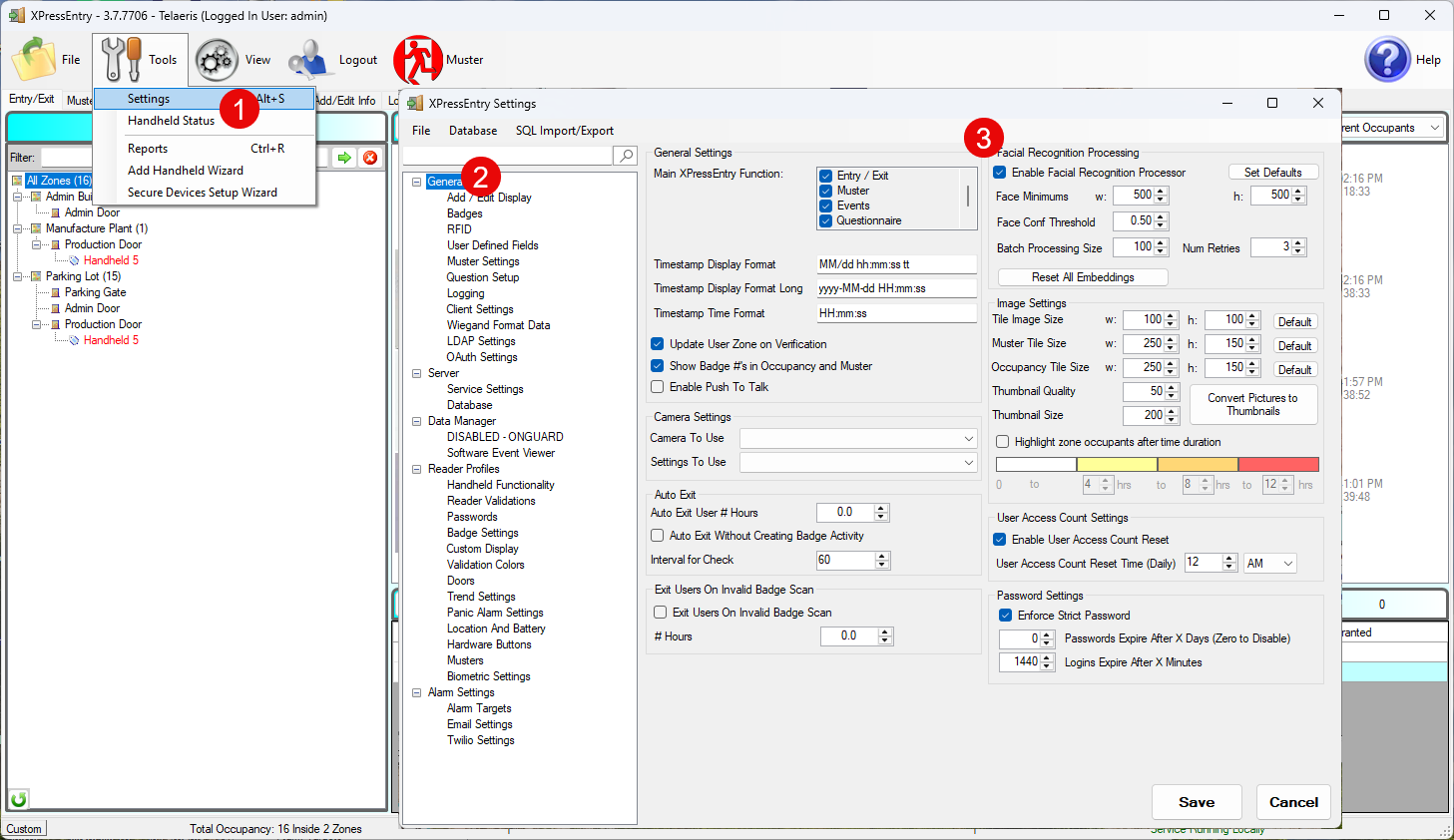 XPressEntry Desktop Settings, General tab, with Enable Facial Recognition Processor checked under the Facial Recognition Processing panel