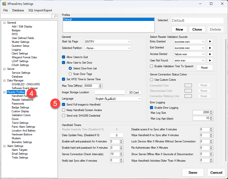 XPressEntry Desktop Settings, Reader Profiles tab, with Send Full Images to Handheld checked