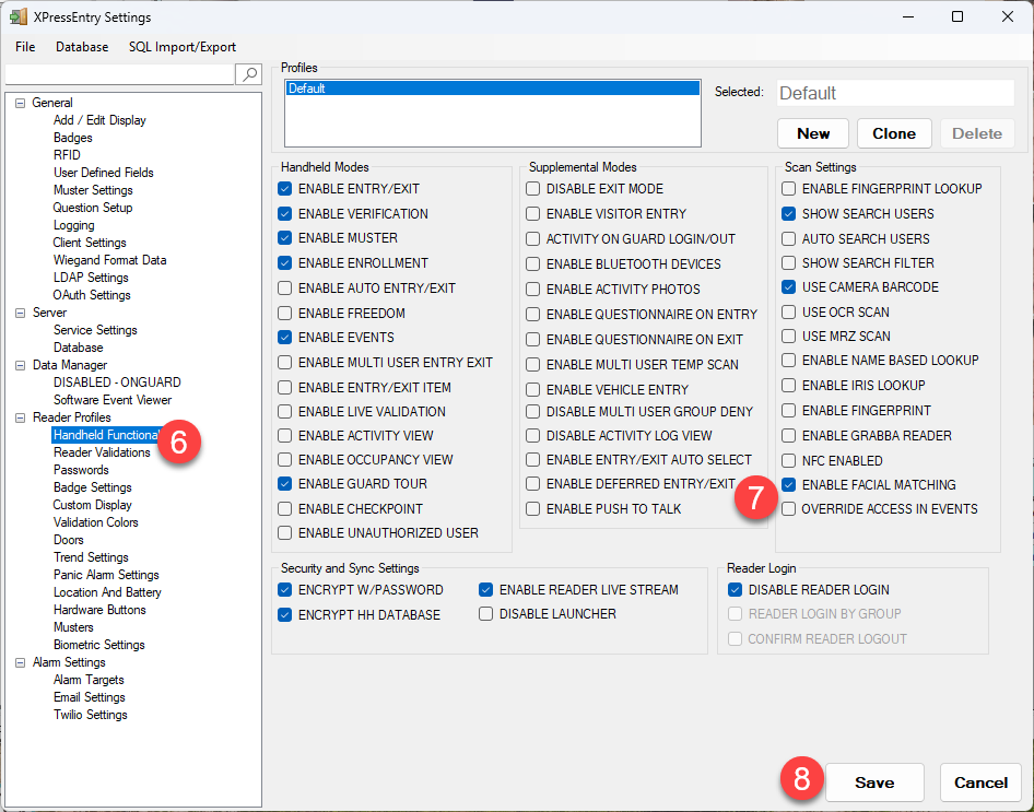 XPressEntry Desktop Settings, Reader Profiles > Handheld Functionality, with Enable Facial Matching checked under Scan Settings and the Save button highlighted