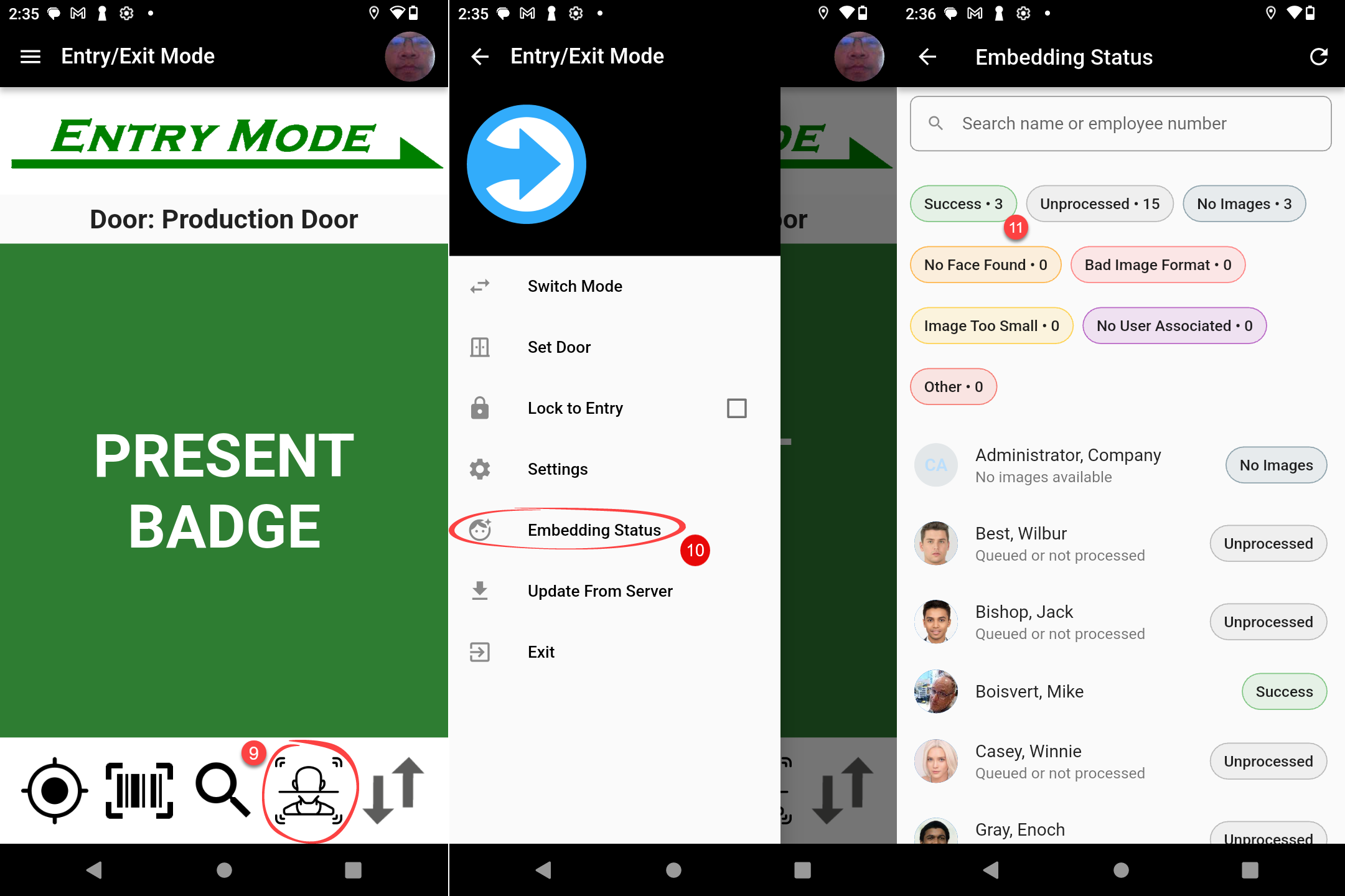 XPressEntry mobile app: facial recognition icon on the Entry/Exit screen, the side menu with Embedding Status, and the Embedding Status screen listing each user's processing status